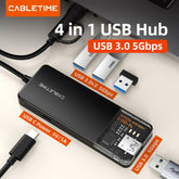 CABLETIME- 4-IN-1 USB A+C to USB 3.0 HUB Input: USB C+ USB A; Output: 4×USB-A 3.0 5Gbps; Material: ABS+Acrylic, SKU-CT-HUBT3-PB