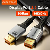 CABLETIME- Aluminum DP 2.1 Cable 16K/30Hz Connector: DP Male Gold Plated; Resolution: 16K30Hz 8K60Hz 4K120Hz Max; Transmission Rate: 80Gbps UHBR20; Shell: Alumiunm Shell; Wire: 30AWG OD7.3; Jacket:Black Braided , SKU- CT-DP16K-AG2