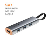 CABLETIME- Portability 5-in-1 USB-C to USB3.0x3+HDMI 4K60Hz +PD 100W Hub, USB3.0, SKU-CT-HUBP5-AG