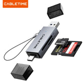 CABLETIME- USB3.0 A+USB TYPE C Card Reader; Port: USB 3.0 A+USB C; IC: GL3235; Card: SD+TF3.0 104Mb/s, SKU- CT-ACSD3-AG