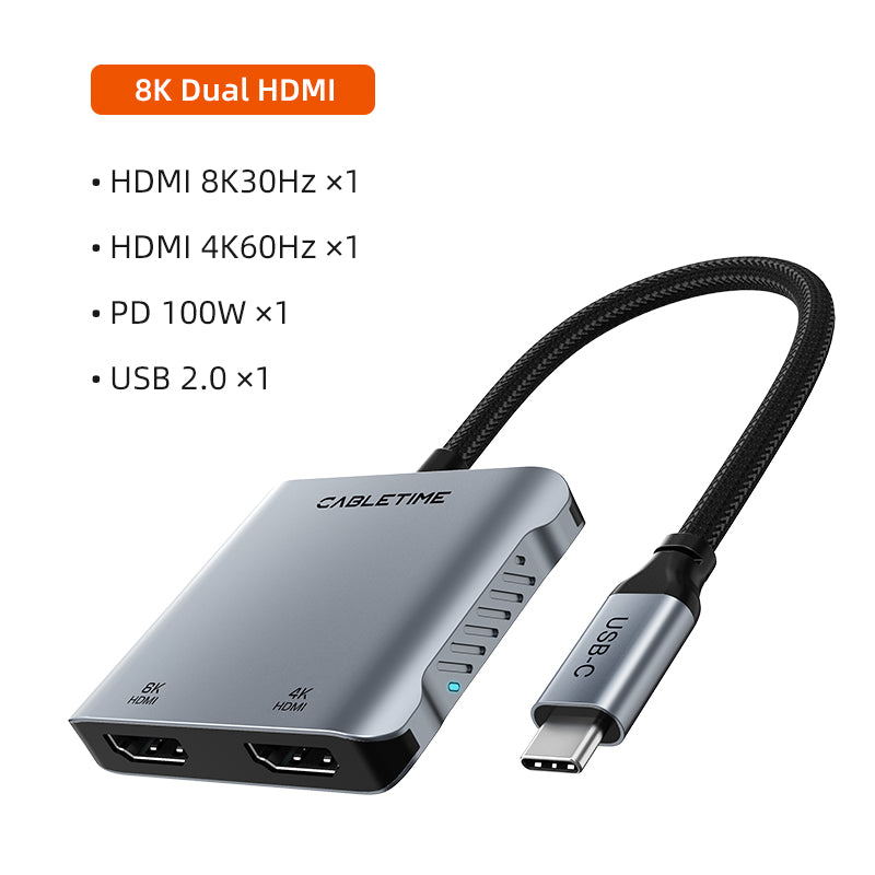 CABLETIME- 8K USB C To Dual HDMI Adapter Dual 4K , 8K30Hz HDMI + 4K60Hz HDMI + USB 2.0 + PD 100W, Support MST, Single 8K30Hz, Dual 4K60Hz, SKU- CT-CM2H8K-AG