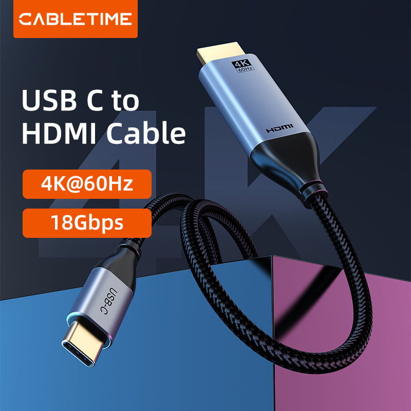 Premium USB Type C to HDMI Cable, Gold Plated, Support AUDIO-VIDEO 4K/60HZ, Transmission Rate: 18Gbps, Shell: Aluminum +TPE, Jacket: Black Braided, OD: 4.5mm, RoHS , SKU- CT-C160-PU31-CMHD2-S3