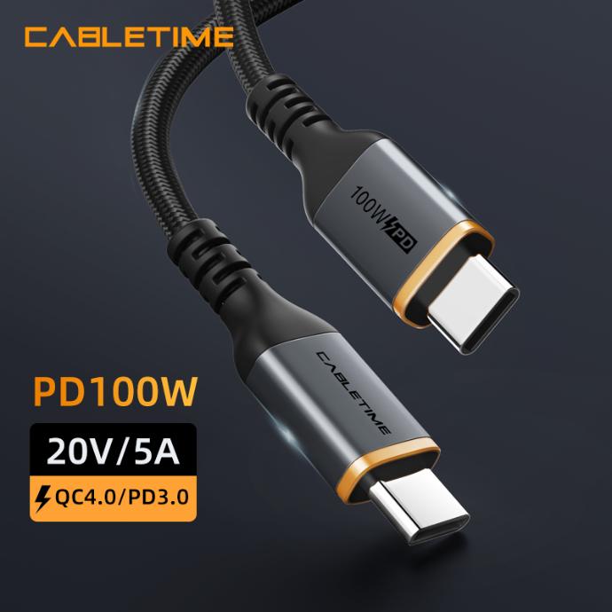CABLETIME- Alumium USB-C to USB-C PD100W USB2.0 Cable, Male to Male, Nickle-plated, Black With Nylon jacket,100W/5A, WITH E-MARK, Current/Voltage: 5A/20V 100W, Transmission Rate: 480Mbps, Certificate: ROHS2, SKU-CT-CM100-AG1