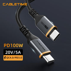 CABLETIME- Alumium USB-C to USB-C PD100W USB2.0 Cable, Male to Male, Nickle-plated, Black With Nylon jacket,100W/5A, WITH E-MARK, Current/Voltage: 5A/20V 100W, Transmission Rate: 480Mbps, Certificate: ROHS2, SKU-CT-CM100-AG1