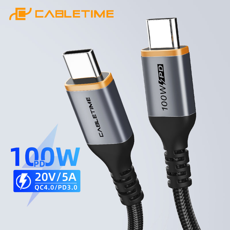 CABLETIME- Alumium USB-C to USB-C PD100W USB2.0 Cable, Male to Male, Nickle-plated, Black With Nylon jacket,100W/5A, WITH E-MARK, Current/Voltage: 5A/20V 100W, Transmission Rate: 480Mbps, Certificate: ROHS2, SKU-CT-CM100-AG1
