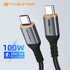 CABLETIME- Alumium USB-C to USB-C PD100W USB2.0 Cable, Male to Male, Nickle-plated, Black With Nylon jacket,100W/5A, WITH E-MARK, Current/Voltage: 5A/20V 100W, Transmission Rate: 480Mbps, Certificate: ROHS2, SKU-CT-CM100-AG1