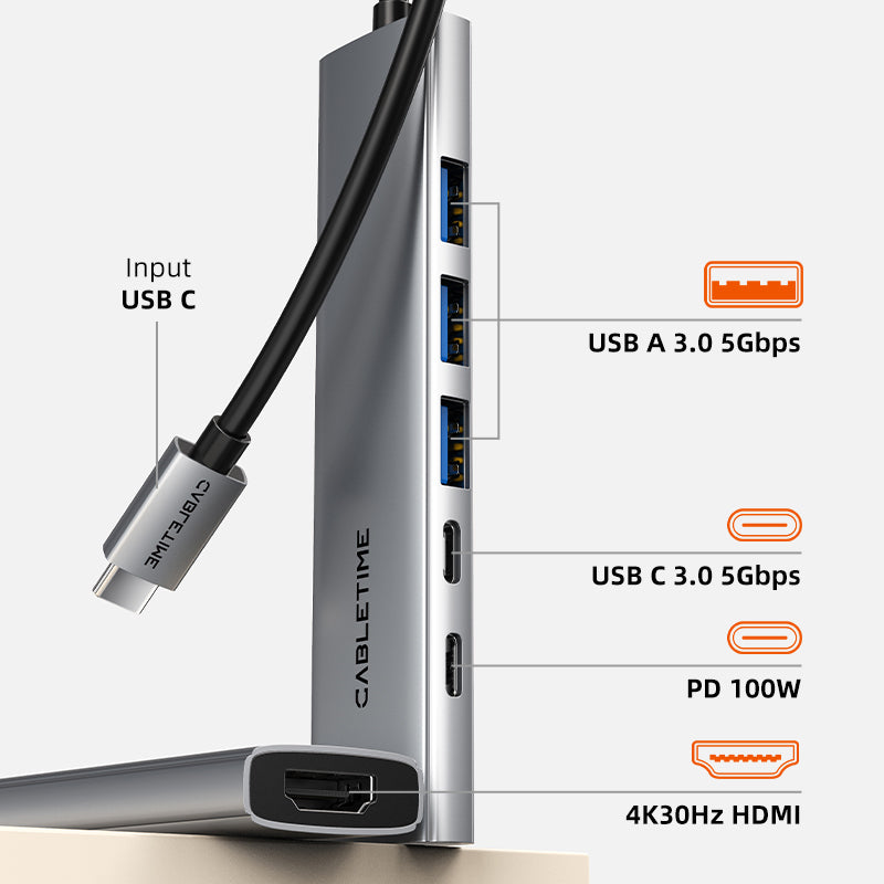 CABLETIME- ECO 9-IN-1 USB C HUB 4K30Hz, 5Gbps,  SKU- CT-HBP3-AG9