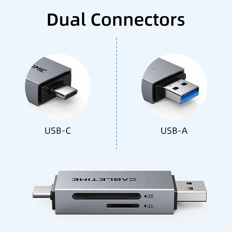 CABLETIME- USB3.0 A+USB TYPE C Card Reader; Port: USB 3.0 A+USB C; IC: GL3235; Card: SD+TF3.0 104Mb/s, SKU- CT-ACSD3-AG