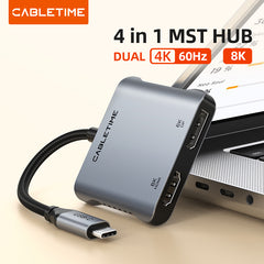 CABLETIME- 8K USB C To Dual HDMI Adapter Dual 4K , 8K30Hz HDMI + 4K60Hz HDMI + USB 2.0 + PD 100W, Support MST, Single 8K30Hz, Dual 4K60Hz, SKU- CT-CM2H8K-AG