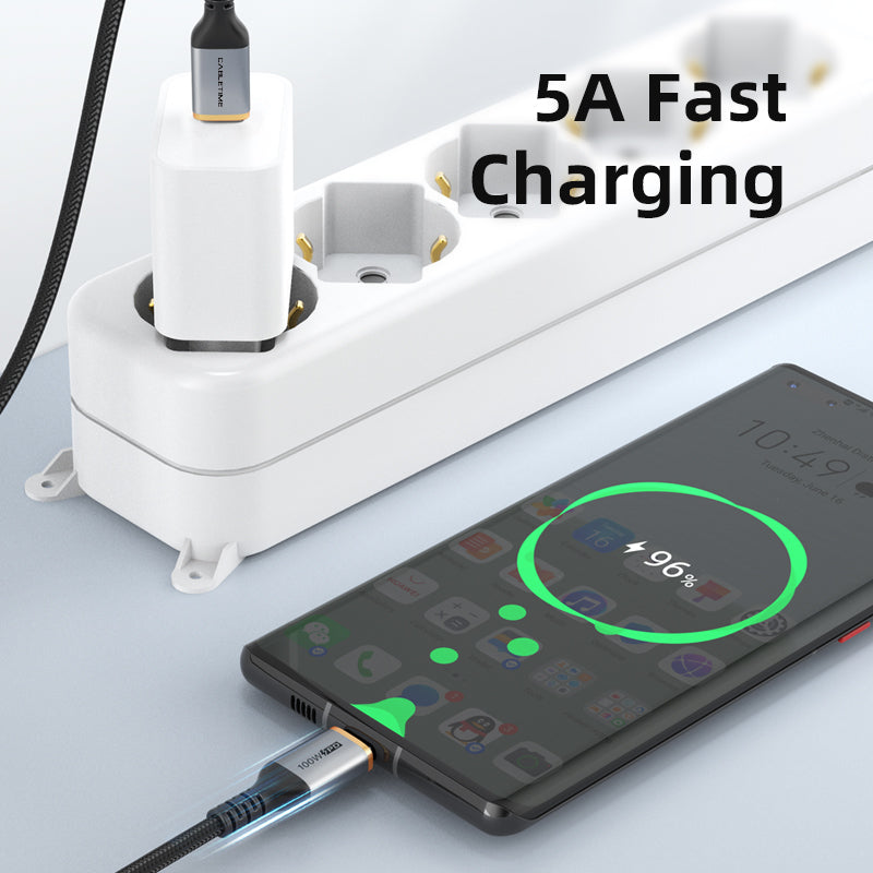 CABLETIME- Alumium USB-C to USB-C PD100W USB2.0 Cable, Male to Male, Nickle-plated, Black With Nylon jacket,100W/5A, WITH E-MARK, Current/Voltage: 5A/20V 100W, Transmission Rate: 480Mbps, Certificate: ROHS2, SKU-CT-CM100-AG1
