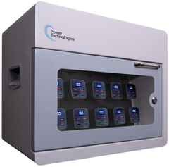 POWER TECHNOLOGIES 10 Bay Secure Battery Charging Cabinet w/ HS Cables w/ 5 Power Bank HS Batteries - NA, MODEL- PowerVault+, SKU- CAB-PVS-B10K-D5H