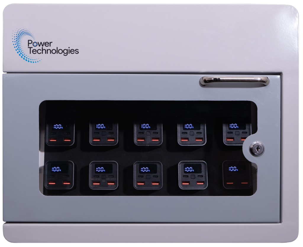POWER TECHNOLOGIES 10 Bay Secure Battery Charging Cabinet w/ 10 Power Bank Batteries - 220V UK, MODEL- PowerVault-10/10, SKU- CAB-PVS-B10K-U10