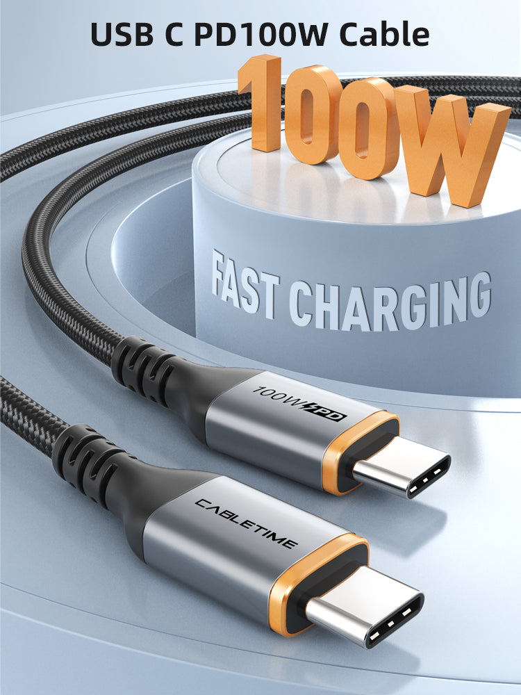 CABLETIME- Alumium USB-C to USB-C PD100W USB2.0 Cable, Male to Male, Nickle-plated, Black With Nylon jacket,100W/5A, WITH E-MARK, Current/Voltage: 5A/20V 100W, Transmission Rate: 480Mbps, Certificate: ROHS2, SKU-CT-CM100-AG1